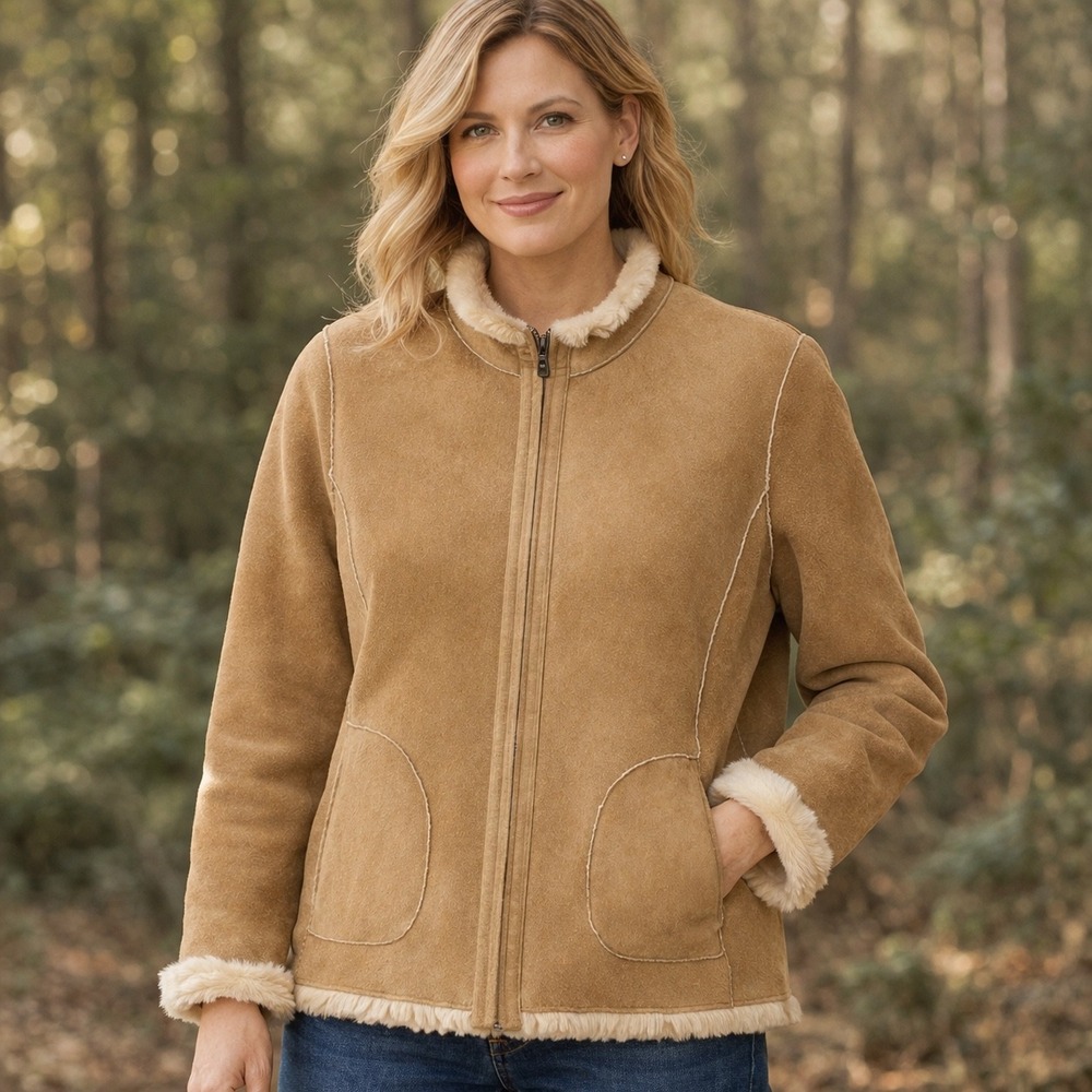 Coldwater Creek Faux Shearling Jacket Womens XL Tan Boho Winter Fur Trim Zip Up
